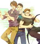  avengers bad_id bad_pixiv_id black_hair bow_(weapon) brown_eyes bruce_banner casual clint_barton facial_hair glasses male_focus marvel multiple_boys mustache panee_oiso tony_stark weapon 