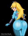  1girl ass black_background bodysuit cameltoe food fruit huge_ass lips looking_at_viewer metroid peach princess_peach samus_aran samus_aran_(cosplay) skin_tight smile solo super_mario_bros. tight_ass zabadoohp zero_suit 