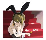  animal_ears black_eyes brown_hair bunny_ears bunny_girl candy card chin_rest earrings food hairband highres jewelry leotard lollipop original playing_card popman3580 short_hair sitting sitting_on_stairs solo stairs thighhighs wrist_cuffs 