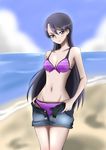 beach belt bikini blue_eyes day heartcatch_precure! highres long_hair navel precure purple_hair shorts smile solo swimsuit tsukikage_oyama tsukikage_yuri 