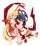  1girl bare_legs blonde_hair blue_hair blush bracelet demon_tail demon_wings detached_sleeves disgaea earrings flonne flonne_(fallen_angel) frills groin heart jewelry laharl leotard long_hair pia_(5pianno) red_eyes red_leotard scarf tail very_long_hair white_background wide_sleeves wings 