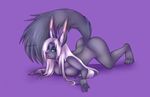  4_toes anthro ass_up aurora barefoot big_breasts big_ears black_nose breasts canine claws female fluffy_tail fur green_eyes grey_fur hair hybrid lagomorph long_ears long_hair looking_at_viewer lying mammal nude on_front paws pinup pose purple_background rabbit raised_tail sdark391 seductive silver_hair solo texture_background unknown_species 