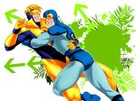  2boys arrow blonde_hair blue_beetle bodysuit booster_gold dc_comics duo goggles highres hug male male_focus mask multiple_boys mxsxe ted_kord 