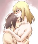  black_hair blonde_hair blush christa_renz freckles hair_down holding hug kagosumi licking multiple_girls shingeki_no_kyojin short_hair tears ymir_(shingeki_no_kyojin) yuri 