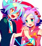  1girl animal_ears bad_id bad_pixiv_id blue_hair brother_and_sister collar detached_sleeves fubuki_atsuya fubuki_shirou genderswap genderswap_(mtf) green_eyes holding_hands inazuma_eleven inazuma_eleven_(series) japanese_clothes kimono komusun leash open_mouth orange_eyes siblings unmoving_pattern upper_body 