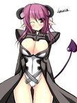  arms_behind_back blush breasts horns large_breasts long_hair looking_at_viewer luxuria one_eye_closed phantasy_star phantasy_star_online_2 pointy_ears purple_hair simple_background smile solo valgiris white_background 