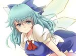  alternate_hair_length alternate_hairstyle bad_id bad_pixiv_id blue_eyes blue_hair bow cirno dress hair_bow ice ice_wings long_hair looking_at_viewer older simple_background smile solo touhou white_background wings x&amp;x&amp;x 
