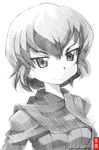  caesar_(girls_und_panzer) girls_und_panzer gofu greyscale military military_uniform monochrome ooarai_military_uniform scarf short_hair sketch smile solo spot_color traditional_media uniform 