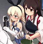  2girls admiral_(kantai_collection) akagi_(kantai_collection) anchor anchor_hair_ornament black_panties blonde_hair blush brown_eyes brown_hair bucket collarbone elbow_gloves gloves grey_eyes hair_ornament hairband hand_on_another's_shoulder handjob hetero japanese_clothes kantai_collection long_hair military military_uniform multiple_girls muneate navel null_(nyanpyoun) panties penis petite precum red_legwear shimakaze_(kantai_collection) skirt sleeveless smile thighhighs translated underwear uniform white_gloves 