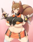  1girl animal_ears arc_system_works blazblue blazblue:_continuum_shift blush breasts brown_hair bursting_breasts cleavage dual_wielding fat fingerless_gloves gloves heavy_breathing hips huge_breasts lionel_nakamura makoto_nanaya midriff navel plump red_eyes short_hair skindentation skirt solo squirrel_ears squirrel_tail standing sweat tail thick_thighs thighhighs thighs tonfa underboob weapon wide_hips 