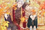  autumn autumn_leaves bench black_pants blue_eyes blurry branch brown_eyes brown_hair brown_shirt day denim depth_of_field expressionless fingernails glasses hair_over_one_eye hand_on_another's_shoulder hand_rest head_rest interlocked_fingers isiki_io jacket jeans jewelry katsuki_yuuri leaf light_smile long_sleeves looking_at_viewer male_focus multiple_boys outdoors pants ring scarf shirt short_hair silver_hair sitting sweater tree viktor_nikiforov watch white_footwear wristwatch yuri!!!_on_ice 