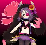  :&lt; bad_id bad_pixiv_id belt bikini_top black_eyes black_hair chain claws crescent eyelashes eyepatch fishnet_pantyhose fishnets flower fur hayasaka_mirei heart highres hood horns idolmaster idolmaster_cinderella_girls midriff multicolored_hair navel pantyhose purple_hair red_hair ribbon skirt solo stuffed_animal stuffed_toy teddy_bear warabeshi 