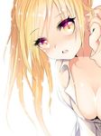  adjusting_hair blonde_hair breasts cleavage dress_shirt long_hair looking_at_viewer medium_breasts mosho naked_shirt open_mouth pangya red_eyes shirt solo spika_(pangya) 