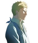  blonde_hair closed_mouth collared_shirt from_side long_sleeves male_focus natuichi-7212 reiner_braun serious shaded_face shingeki_no_kyojin shirt simple_background sling solo upper_body white_background white_shirt wing_collar yellow_eyes 