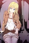  blonde_hair blue_eyes blush breasts christa_renz cleavage cowboy_shot cropped_jacket hair_between_eyes jacket medium_breasts open_clothes paradis_military_uniform shingeki_no_kyojin short_hair solo spanking_momoko thigh_strap unbuttoned 