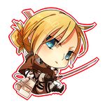  annie_leonhardt blonde_hair blue_eyes chibi emblem hametusinn jacket paradis_military_uniform ponytail shingeki_no_kyojin solo sword three-dimensional_maneuver_gear training_corps_(emblem) weapon 