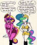  anthro anthrofied breasts clothed clothing dialog english_text equine female friendship_is_magic hair hat horn horse mammal multi-colored_hair my_little_pony navel newyorkx3 plain_background pony princess princess_cadance_(mlp) princess_celestia_(mlp) royalty sparkles text white_background winged_unicorn wings 