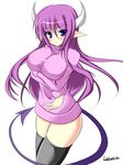  blue_eyes blush breast_hold breasts demon_tail disgaea horns large_breasts long_hair luxuria naked_sweater pointy_ears purple_hair simple_background solo succubus_(disgaea) sweater tail thighhighs very_long_hair white_background 