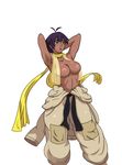  armpits arms_up black_hair breasts brown_eyes choker cleavage clothes_around_waist dark_skin dougi highres large_breasts magellan_(urumi0107) makoto_(street_fighter) nipples ribbon_choker short_hair solo street_fighter street_fighter_iii_(series) sweat topless 