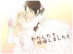  :&gt; bad_id bad_pixiv_id blonde_hair brown_hair buriki_neko carrying christa_renz couple dress flower freckles grin hair_flower hair_ornament happy multiple_girls princess_carry shingeki_no_kyojin smile veil wedding wedding_dress wife_and_wife ymir_(shingeki_no_kyojin) yuri 