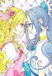  aida_mana blonde_hair blue_bow blue_eyes blue_hair bow choker colored_pencil_(medium) couple crystal_earrings cure_diamond cure_heart dokidoki!_precure earrings eye_contact face-to-face forehead-to-forehead heart hishikawa_rikka jewelry light_smile lips long_hair looking_at_another multiple_girls pink_bow pink_eyes pink_sleeves ponytail precure profile sayococco smile traditional_media yuri 