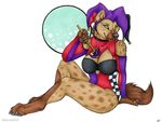  anthro costume female green_eyes hat hyena jester korrok looking_at_viewer mammal pinup pose solo 