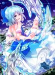  adapted_costume bad_id bad_pixiv_id bare_back blue_eyes blue_hair bow cirno dress fang hair_bow hair_ornament hinazuka_ryou ice mary_janes open_mouth shoes short_hair solo touhou white_legwear 