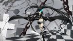  belt bikini_top black_hair black_rock_shooter black_rock_shooter_(character) blue_eyes boots coat cross_akiha glowing highres long_hair midriff navel shorts solo sword twintails weapon 