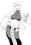  bare_shoulders belt bracelet breasts contrapposto curvy dancer dancer_(fft) final_fantasy final_fantasy_tactics greyscale jewelry large_breasts long_hair midriff monochrome navel shawl sleeveless sleeveless_turtleneck smile solo standing tsukudani_(coke-buta) turtleneck 