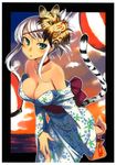  absurdres bare_shoulders breasts choker cleavage downblouse green_eyes highres huge_filesize japanese_clothes kimono kinchaku kusanagi_tonbo lantern large_breasts leaning_forward mask obi off_shoulder original paper_lantern parted_lips pouch sash scan silver_hair solo tail tiger_tail yukata 