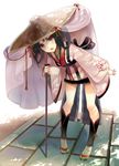  black_hair bow cane fang full_body hat ichimegasa japanese_clothes leaning_forward long_hair open_mouth original pigeon-toed red_eyes rice_hat sandals shade solo standing tabi tassel veil yuuki_rika 