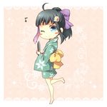  araragi_tsukihi bakemonogatari black_hair blue_eyes chibi hair_ornament japanese_clothes kimono knife kouji_(campus_life) long_hair monogatari_(series) nisemonogatari one_eye_closed ponytail solo 