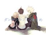  2boys backpack bag black_legwear brown_hair dangan_ronpa danganronpa flipped_hair highres hinata_hajime hood hoodie komaeda_nagito long_hair multiple_boys nanami_chiaki nuda pink_hair school_uniform short_hair sitting skirt super_dangan_ronpa_2 super_danganronpa_2 thighhighs white_hair 