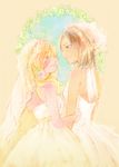  arm_holding bare_shoulders blonde_hair blush bridal_veil bride brown_hair christa_renz couple dress eye_contact flower freckles gown hair_flower hair_ornament looking_at_another multiple_girls orange_background pale_color pink_flower pink_rose ponytail profile rose shingeki_no_kyojin sleeveless sleeveless_dress smile striped striped_background ukarism veil vertical-striped_background vertical_stripes wedding wedding_dress white_dress wife_and_wife ymir_(shingeki_no_kyojin) yuri 