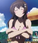  breasts brown_hair cleavage closed_eyes cloud day highres medium_breasts niimi_haruka_(photokano) photokano screencap sky solo swimsuit 