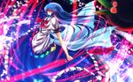  blue_hair bow food fruit hair_over_one_eye hat hat_removed headwear_removed highres hinanawi_tenshi long_hair nekominase peach red_eyes solo sword_of_hisou touhou wallpaper wind 