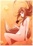  absurdres animal_ears ayakura_juu brown_hair bubble flat_chest hair_censor highres holo huge_filesize jewelry long_hair necklace nude pouch red_eyes scan seed solo spice_and_wolf tail wolf_ears wolf_tail 