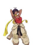  armpits arms_up black_hair breasts brown_eyes choker cleavage clothes_around_waist covered_nipples dark_skin dougi highres large_breasts magellan_(urumi0107) makoto_(street_fighter) ribbon_choker short_hair sideboob solo street_fighter street_fighter_iii_(series) tank_top 