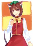  amazakesakumi1222 animal_ears bad_id bad_pixiv_id bow brown_hair cat_ears cat_tail chen earrings fangs hat jewelry multiple_tails red_eyes short_hair skirt smile solo tail touhou 