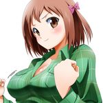  bow breasts brown_eyes brown_hair cleavage collarbone hair_bow hataraku_maou-sama! highres large_breasts no_bra plaid sasaki_chiho short_hair smile solo speed_lines sumeragi_tomo 