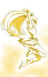  arms_up bike_shorts blush closed_eyes cure_peace hair_flaps jumping kazuma_muramasa kise_yayoi long_hair monochrome outstretched_arm ponytail precure profile shorts shorts_under_skirt smile_precure! solo yellow 