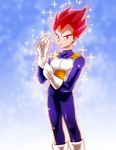  aura dragon_ball dragonball_z dragonball_z_battle_of_gods gloves red_eyes red_hair saiyan sparkle spiked_hair super_saiyan_god vegeta 