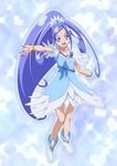  blue_background blue_bow blue_eyes blue_hair bow crystal_earrings cure_diamond dokidoki!_precure earrings heart highres hishikawa_rikka iyakun jewelry long_hair outstretched_arm ponytail precure solo sparkle 