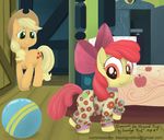  amber_eyes apple_bloom_(mlp) applejack_(mlp) ball bedroom blonde_hair clothed clothing cub cutie_mark diaper door duo equine female feral friendship_is_magic fur green_eyes hair horse inside mammal my_little_pony orange_fur pajamas pony red_hair sibling sisters smudge_proof wood yellow_fur young 