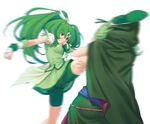  action battle bike_shorts blurry clenched_hand clenched_teeth cloak cure_march duel green green_eyes green_hair green_shorts green_skirt headband high_kick kazuma_muramasa kicking long_hair magical_girl majorina midorikawa_nao motion_blur multiple_girls ponytail precure shorts shorts_under_skirt simple_background skirt smile_precure! teeth white_background 