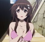  beach brown_eyes brown_hair hair_ornament hairpin hand_on_own_chest highres long_hair niimi_haruka_(photokano) photokano sand screencap solo stairs swimsuit 