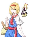  alice_margatroid apron arm_up bad_id bad_pixiv_id bag baguette blonde_hair blue_eyes bow bread capelet clenched_hand dress flying food grocery_bag hair_bow headband looking_at_viewer onapan open_mouth ribbon sash shanghai_doll shopping_bag short_hair solo touhou waist_apron 