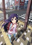  backpack bag child crosswalk ebibaachan foreshortening kuhouin_murasaki kure-nai pavement pink_eyes purple_hair randoseru road smile solo street striped striped_legwear tactile_paving tiles vanishing_point 