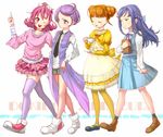  aida_mana blue_hair book book_hug braid clenched_hand closed_eyes copyright_name cup dokidoki!_precure dress flipped_hair half_updo hishikawa_rikka holding holding_book index_finger_raised jealous kenzaki_makoto multiple_girls one_eye_closed orange_hair owarine_miku pantyhose pink_eyes pink_hair pointing precure purple_eyes purple_hair shorts skirt teacup thighhighs walking white_background yotsuba_alice zettai_ryouiki 