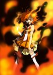  arm_warmers bare_shoulders bike_shorts boots choker cure_sunny detached_sleeves fingerless_gloves fire flame gloves hair_down harekawa highres hino_akane_(smile_precure!) orange_(color) orange_choker orange_eyes orange_hair orange_skirt precure shirt short_hair shorts shorts_under_skirt skirt sleeveless smile smile_precure! solo standing thigh_boots thighhighs torn_clothes torn_shirt 